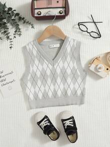 SHEIN Tween Girl Argyle Pattern Sweater Vest - Multicolor - View 1
