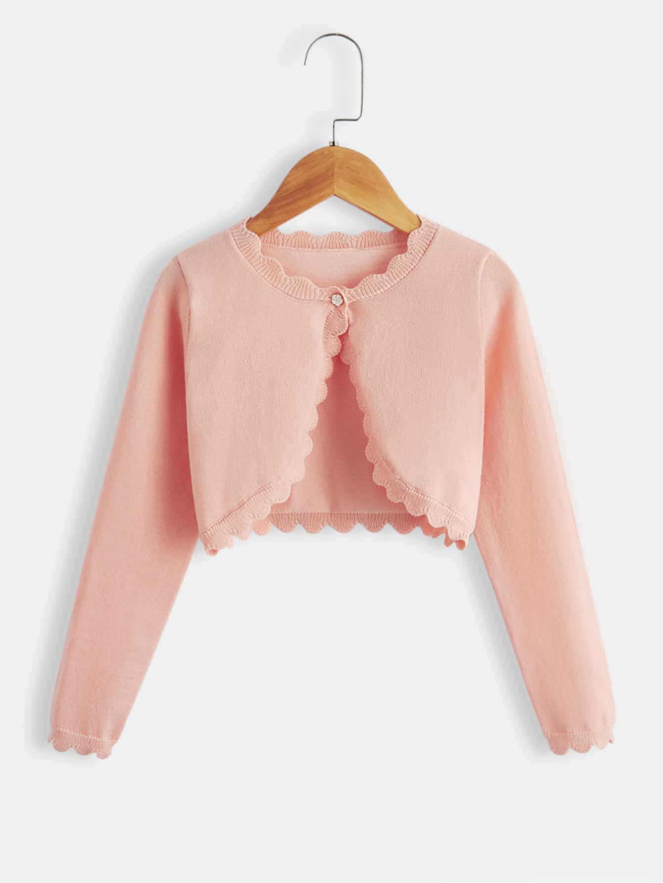 SHEIN Tween Girl Scallop Trim Single Button Cardigan - Coral Pink - View 1
