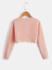 SHEIN Tween Girl Scallop Trim Single Button Cardigan - Coral Pink - View 2
