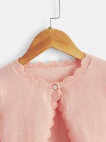 SHEIN Tween Girl Scallop Trim Single Button Cardigan - Coral Pink - View 3