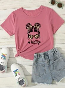 SHEIN Tween Girl 1pc Fashionable Leopard Print Bow Tie Glasses & Girl Portrait Printed Round Neck Short Sleeve T-Shirt - Pink - View 1