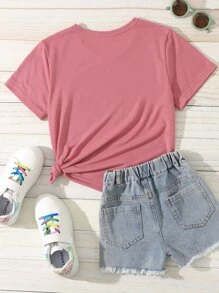 SHEIN Tween Girl 1pc Fashionable Leopard Print Bow Tie Glasses & Girl Portrait Printed Round Neck Short Sleeve T-Shirt - Pink - View 2