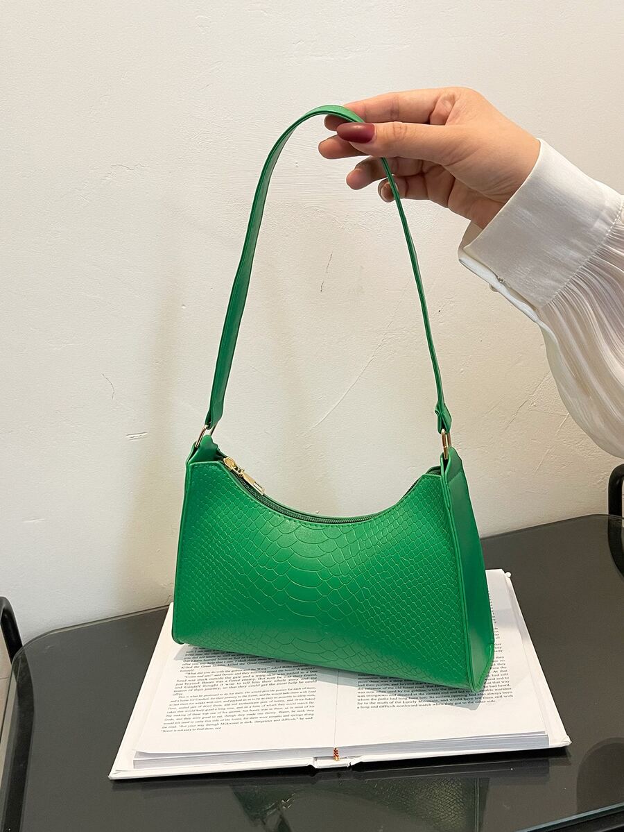 1pc Women's Crocodile Pattern Weave Pu Shoulder Bag, Perfect For Shopping And Festive Gift - Green - View 1