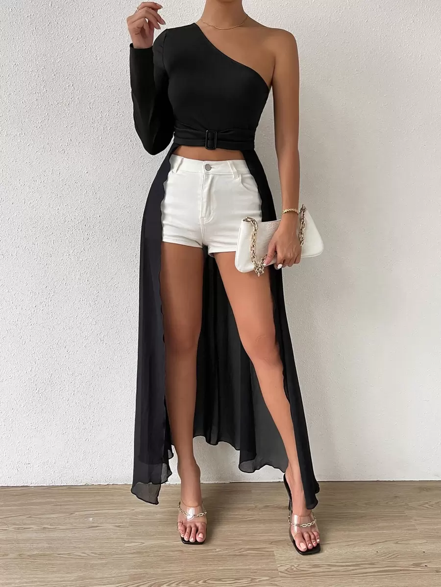 Chiquease One Shoulder Asymmetrical Hem Top - Black - View 1