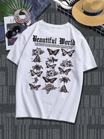 Homme T-shirt à imprimé papillon et fleur