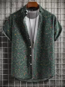 Manfinity RSRT Men Ditsy Floral Button Front Shirt Without Tee - Dark Green - View 1