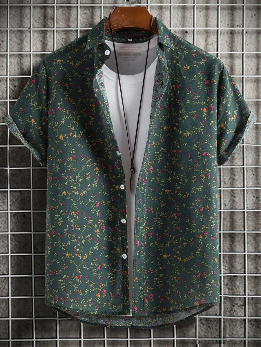 Manfinity RSRT Men Ditsy Floral Button Front Shirt Without Tee - Dark Green - View 1