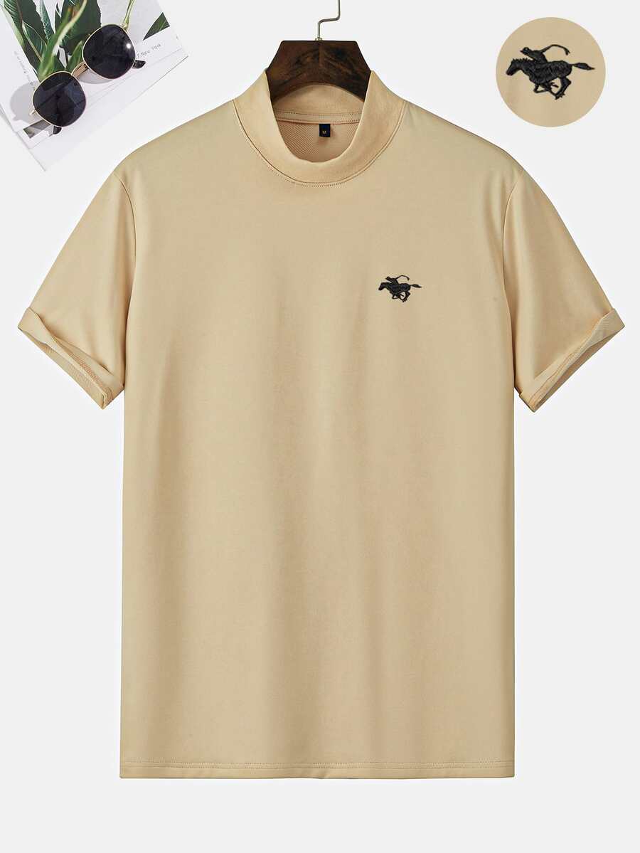 Manfinity Homme Hombres Camiseta con estampado de figura de cuello alto - Caqui - Ver 1