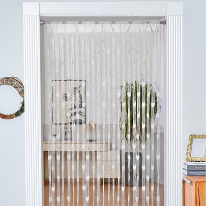 1pc Korean Style Heart Shaped Fringed String Curtain For Girls' Bedroom Decoration, Red/White Wedding Party Window Divider