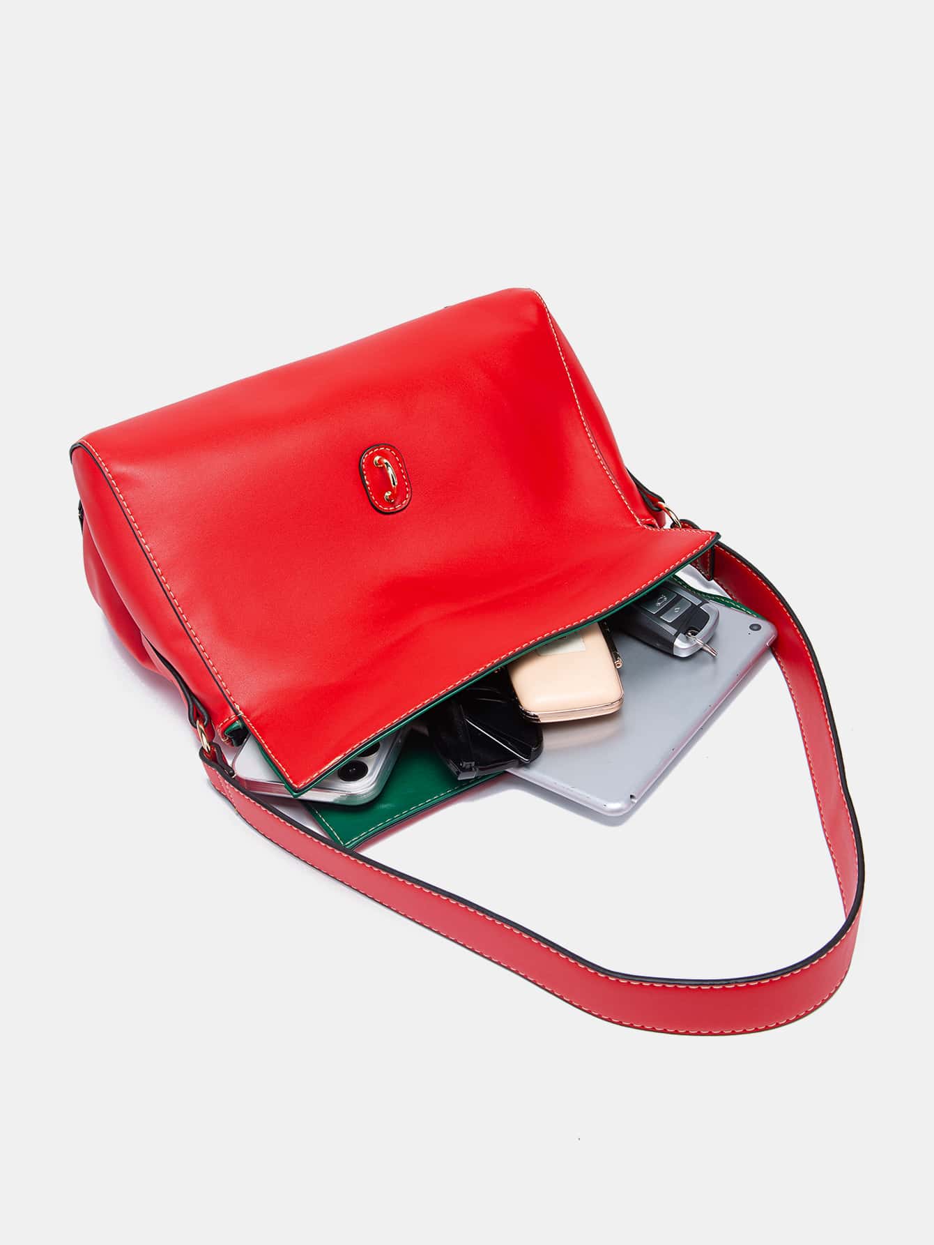 Neon Red Contrast Binding Flap Square Bag - Red - View 6