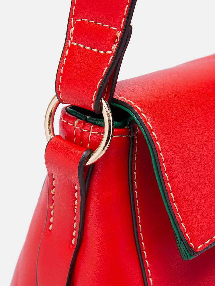 Neon Red Contrast Binding Flap Square Bag - Red - View 7