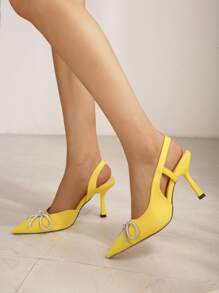 Rhinestone & Bow Detail Stiletto Heeled Slingback Pumps - Yellow - View 2