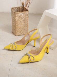 Rhinestone & Bow Detail Stiletto Heeled Slingback Pumps - Yellow - View 3