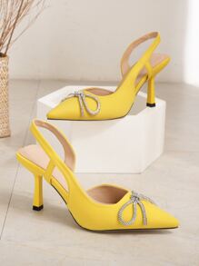 Rhinestone & Bow Detail Stiletto Heeled Slingback Pumps - Yellow - View 6