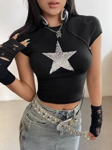 SHEIN ICON Áo thun nữ ghép mộng kim sa Hình học Giải trí - màu đen - Xem 3