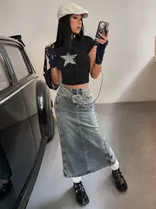 SHEIN ICON Áo thun nữ ghép mộng kim sa Hình học Giải trí - màu đen - Xem 4