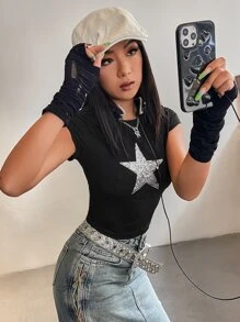 SHEIN ICON Áo thun nữ ghép mộng kim sa Hình học Giải trí - màu đen - Xem 6