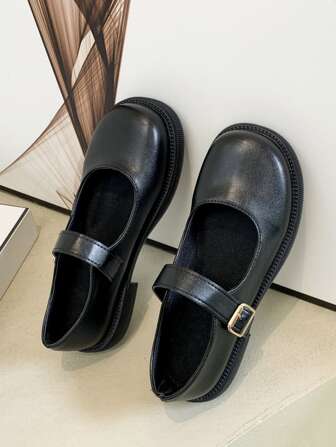 Höst/Vinter Spänne Dekor Mary Jane Platta Skor, Dam Bekväma Rund Tå Platta Skor Svarta Enfärgade Spänne Grov Klack Låg Klack Mary Jane Eleganta Fyra Säsonger PU Platta Skor, Mary Jane