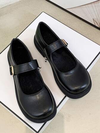 Höst/Vinter Spänne Dekor Mary Jane Platta Skor, Dam Bekväma Rund Tå Platta Skor Svarta Enfärgade Spänne Grov Klack Låg Klack Mary Jane Eleganta Fyra Säsonger PU Platta Skor, Mary Jane