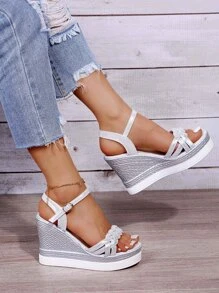 Braided Detail Ankle Strap Wedge Sandals - Silver - View 2