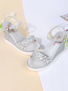 Braided Detail Ankle Strap Wedge Sandals - Silver - View 4