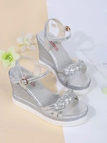 Braided Detail Ankle Strap Wedge Sandals - Silver - View 6