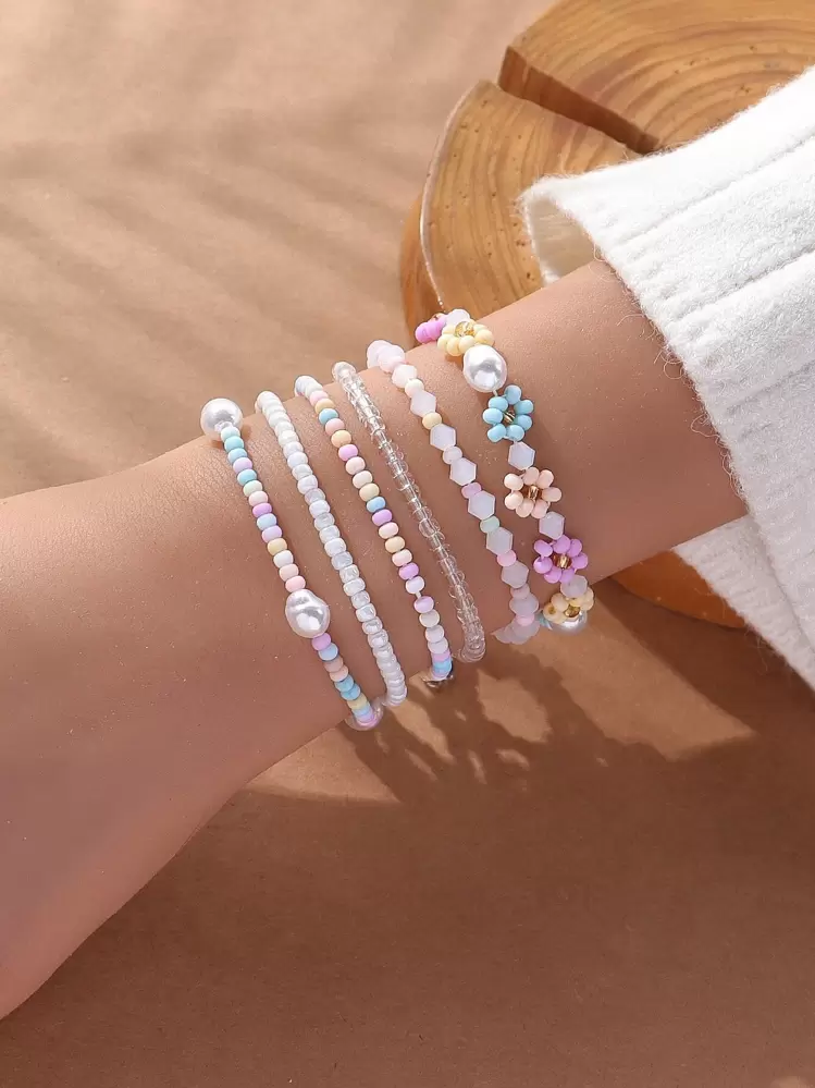 6pcs Flower & Faux Pearl Decor Beaded Bracelet - Multicolor - View 1