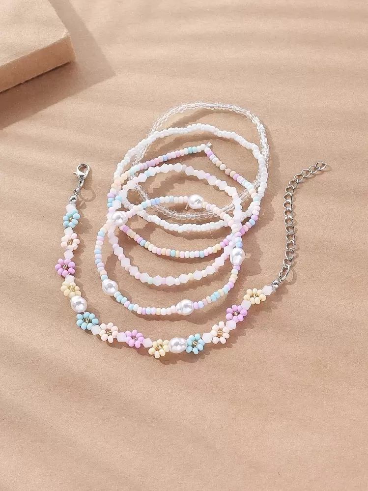 6pcs Flower & Faux Pearl Decor Beaded Bracelet - Multicolor - View 2