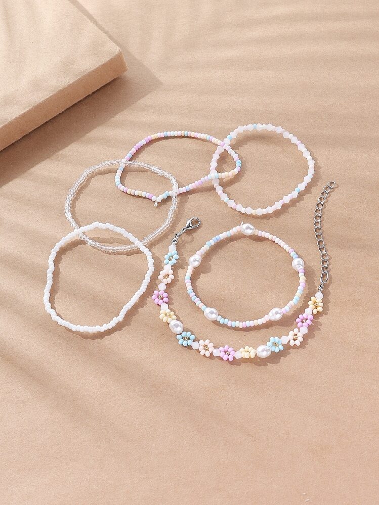 6pcs Flower & Faux Pearl Decor Beaded Bracelet - Multicolor - View 4