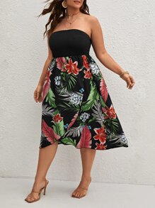 SHEIN VCAY Plus Tropical Print Split Thigh Tube Dress - Multicolor - View 3