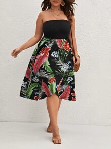 SHEIN VCAY Plus Tropical Print Split Thigh Tube Dress - Multicolor - View 4