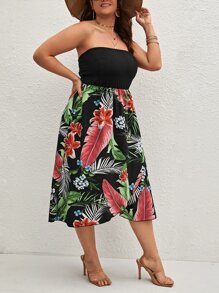 SHEIN VCAY Plus Tropical Print Split Thigh Tube Dress - Multicolor - View 5