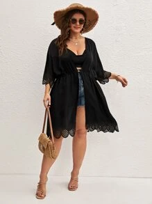 SHEIN Swim Curve 大碼鏤空腰部抽繩網紗和服罩衫 - 黑色 - 查看 4