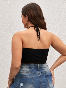 SHEIN Privé Plus Scallop Trim Tie Back Halter Top - Black - View 2