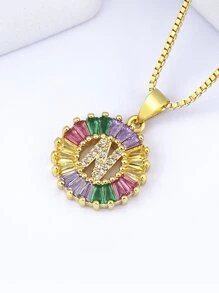 1入組字母細節方晶鋯石圓形吊飾項鍊 - 金黃色 - 查看 7