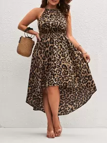 SHEIN LUNE Plus Leopard Print Backless High Low Hem Halter Dress - Brown - View 1