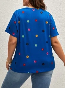 SHEIN LUNE 大碼印花V領T恤 - 藍色 - 查看 2