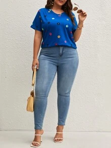 SHEIN LUNE 大碼印花V領T恤 - 藍色 - 查看 3