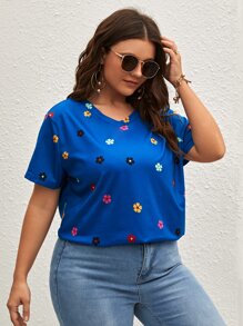 SHEIN LUNE 大碼印花V領T恤 - 藍色 - 查看 5