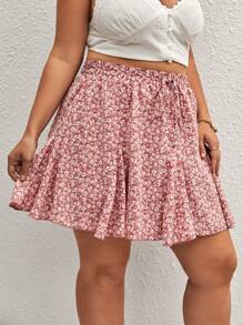 Plus Ditsy Floral Print Knot Front Skirt - Pink - View 4