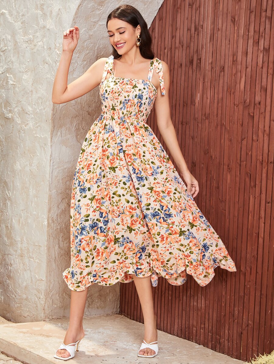 SHEIN VCAY Đầm Thắt nút Dải chun Hoa Tất cả trên in Boho - Nhiều màu - Xem 1