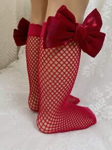 Toddler Girls Bow Decor Fishnet Over The Calf Socks