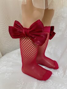 Toddler Girls Bow Decor Fishnet Over The Calf Socks