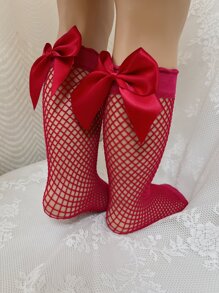 Toddler Girls Bow Decor Fishnet Socks - Burgundy - View 3