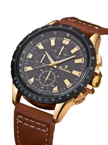 TIAN ZHEN 男士圓形指針石英手錶 - 棕色 - 查看 3