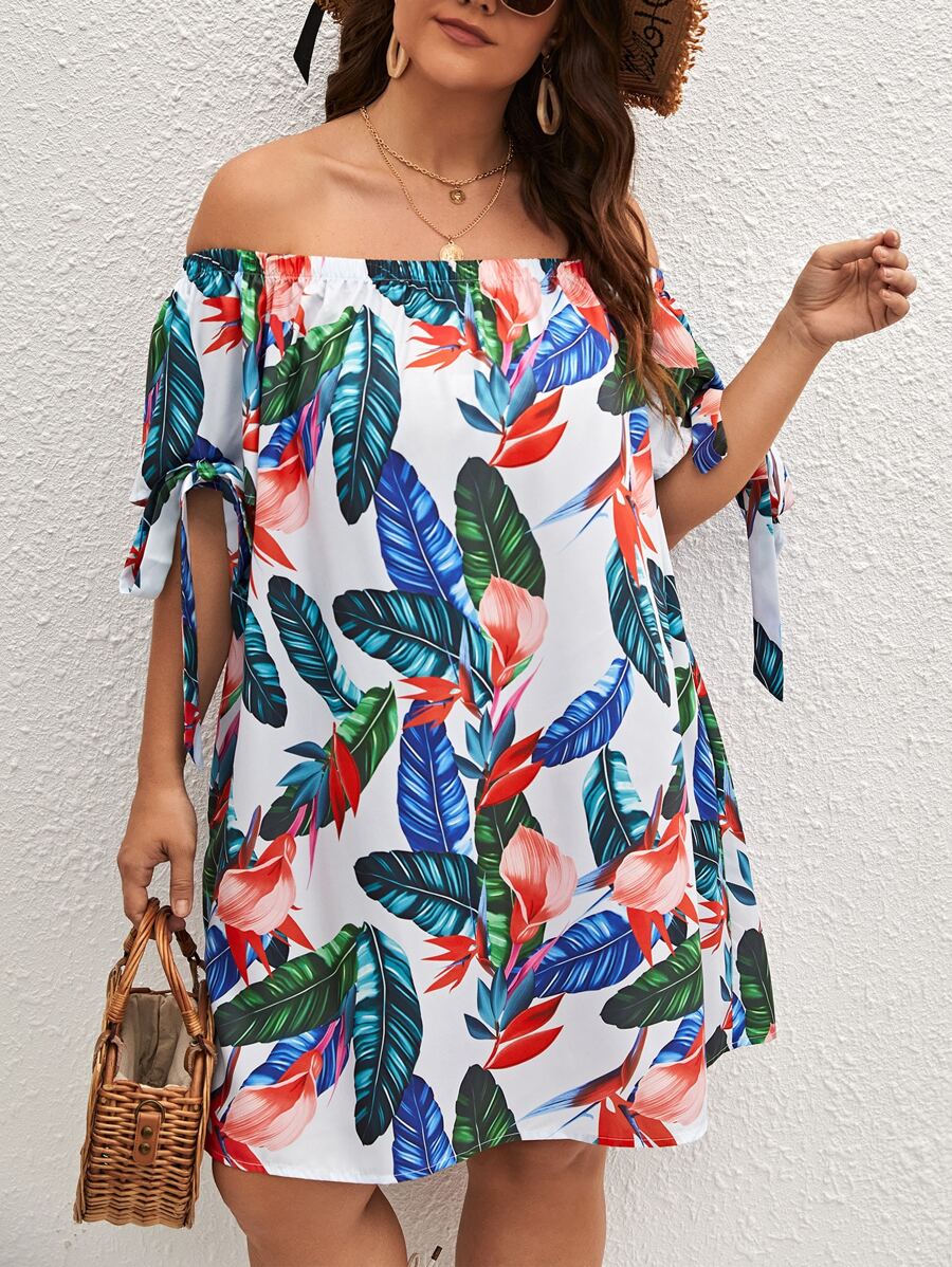 SHEIN VCAY Plus Tropical Print Off Shoulder Knot Side Bardot Dress - Multicolor - View 1