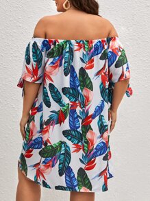 SHEIN VCAY Plus Tropical Print Off Shoulder Knot Side Bardot Dress - Multicolor - View 2