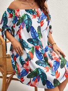 SHEIN VCAY Plus Tropical Print Off Shoulder Knot Side Bardot Dress - Multicolor - View 3