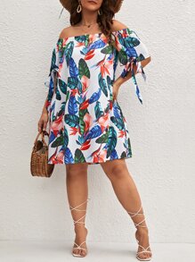 SHEIN VCAY Plus Tropical Print Off Shoulder Knot Side Bardot Dress - Multicolor - View 4