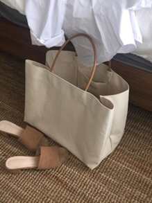 Minimalist Large Capacity Canvas Shopper Bag - Beige - View 3
